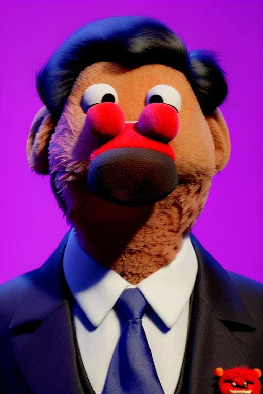 Waist up muppet Portrait, Xi Jinping as muppet doll, black suit and red tie, photo studio, blue background, unreal engine 5, concept art, art station, god lights, ray tracing, RTX, lumen lighting, ultra detail, volumetric lighting, 3d.