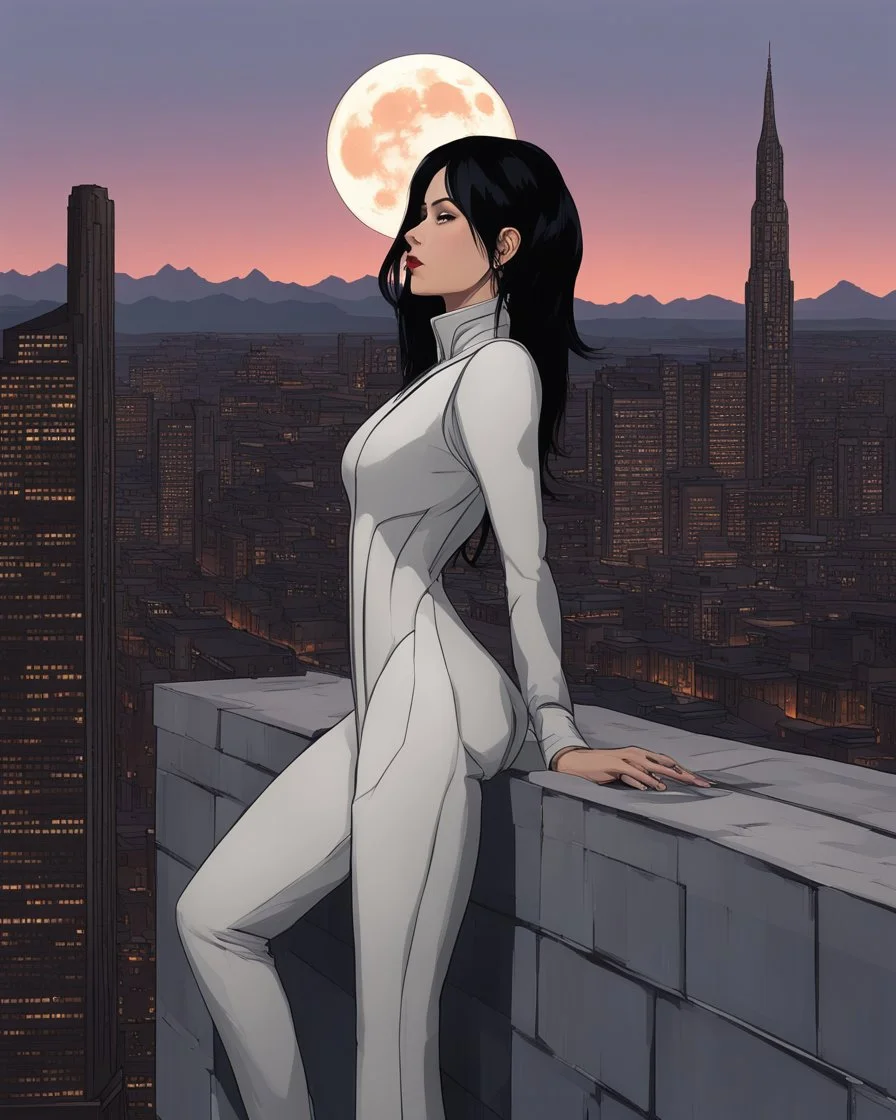 A slim Woman With Black Hair, Wearing an android-looking suit, standing sideways On a ledge of a building, with a waning moon Behind Her Head, towering spires and buildings highlighted by the setting sun