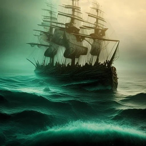  closeup on pirate ghosts on shipwreck, water, reflection, movie poster, fantasy art, misty