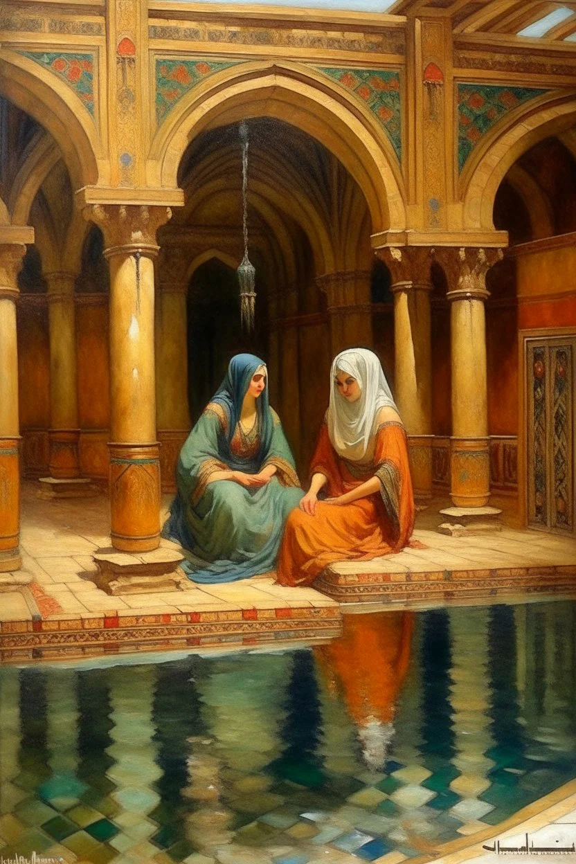 oriental 2 woman at a old arabic inside pool painting neoclassism