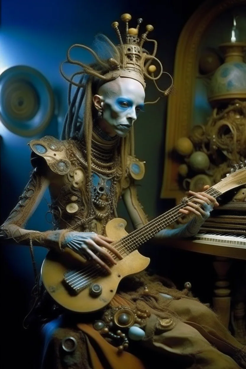 photo by tim walker : loan-blend human-alien biomorphic-animals squid indefinite head extreme wide shot head to toe portrait of weird krofft pufnstuff puppet voodoo cutie sitar player king human nervous systems, renaissance faire alex grey hyper detailed michael cheval with a playful expression made out of mechanical parts and robot arms; cyborg details, unusual and obscure photograph by františek vobecký of a surreal scene of ghastly men, pop art, clive barker style, 300mm f/.8, raw cinematic p