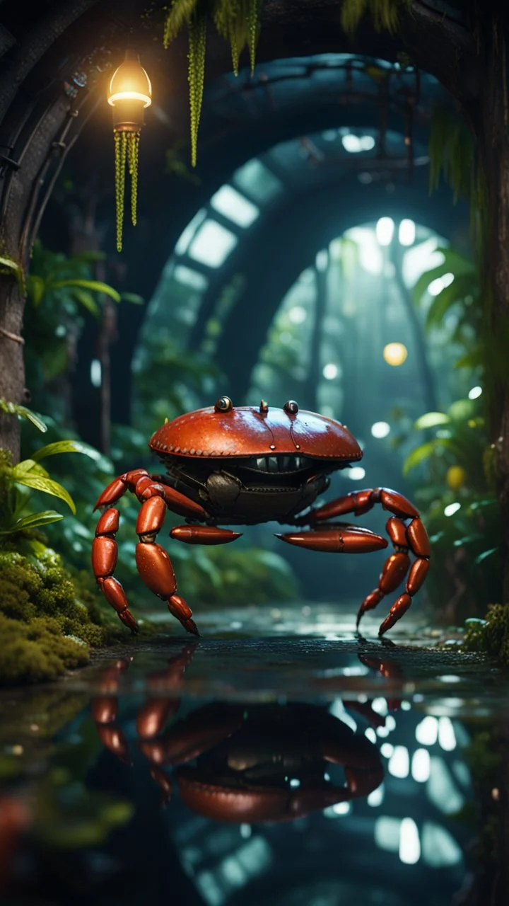 crab knight in dark lit reflective wet jungle metallic hall dome hotel tunnel, in the style of fallout 4 game,bokeh like f/0.8, tilt-shift lens 8k, high detail, smooth render, down-light, unreal engine, prize winning