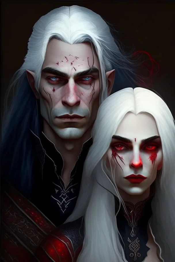 A couple, from the dnd game curse of Strahd. The woman is beautiful, has long white hair and blue eyes, the man has LONG BLACK hair and red eyes, no facial hair.