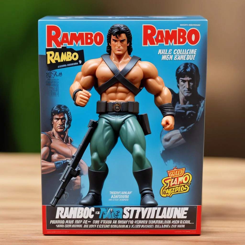 A photograph of a pristine action figure encased in its packaging, evoking a sense of collectible wonder, styled after a vintage toy advertisement. The box prominently displays "Rambo" in bold, stylized lettering, with the action figure inside clearly resembling Sylvester Stallone as Rambo, possessing his iconic features and a lean, athletic build, confidently holding a pistol and a knife