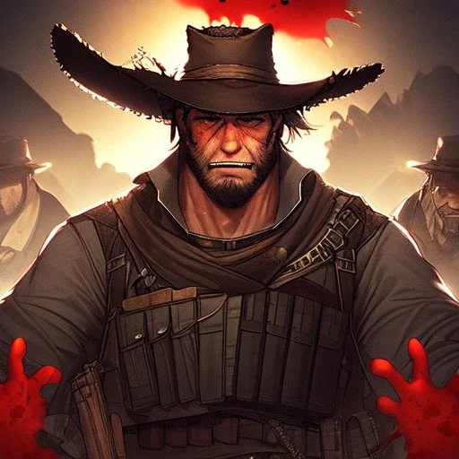Portrait, bearded, Gunslinger, Cowboy, cowboy hat, serious face, Blood Splatter
