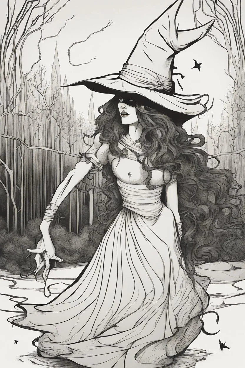 Imagine a captivating illustration that portrays a young witch with flowing black hair and a distinctive black top hat, rendered in a cartoon style with precise black outlines and abundant shading. Picture the witch in a full-bodied stance, each contour defined by meticulous black lines that accentuate her form. Dive into a realm of depth and atmosphere as shadows envelop her, adding an extra layer of realism and drama. With careful attention to detail, bring forth her enigmatic charm through