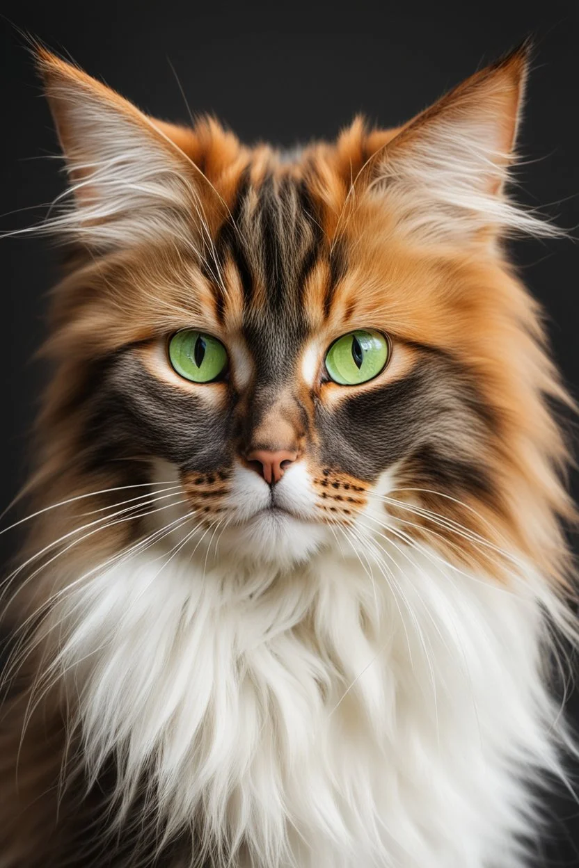 Gato de pelo largo y abundante, orejas puntiagudas, ojos verdes brillantes, colores anaranjado, blanco y negro, calidad ultra