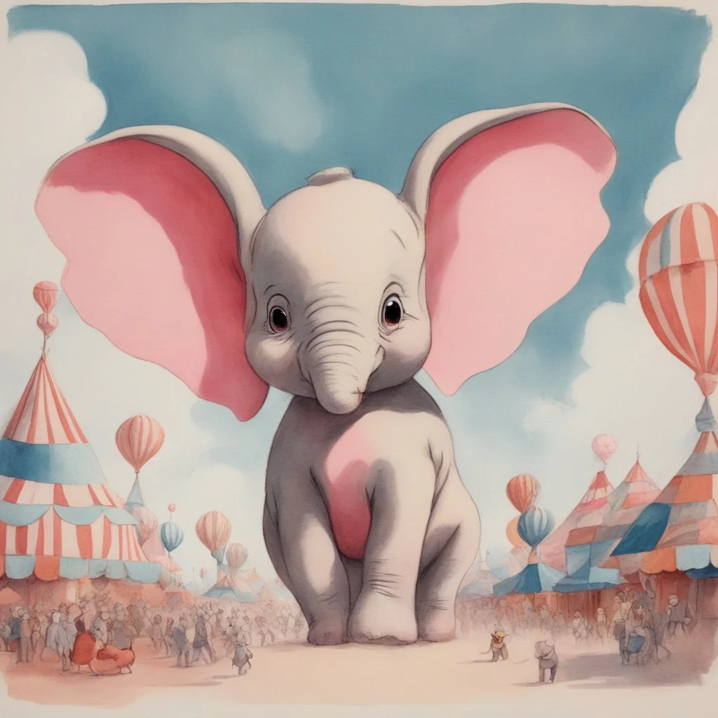 1940s animation art of Dumbo, a baby circus elephant with abnormally large ears that allows him to fly, surreal scene, pink parade of elephants, conceptual art, watercolor paint, early salt disney animation, hand drawn, modernist cute, Mary Blair, Harold Pearl, over exaggerated cartoonist