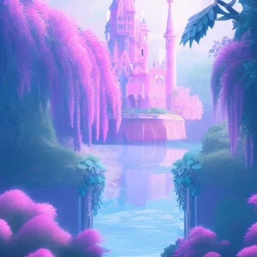 a pink castle, magical crystal pink castel, vertical light, pink and blue wisteria , pink vertical, blue lake,sharp, background vertical blue gradient vertical, elegant, highly detailed, artstation, concept art, smooth, sharp focus, illustration, 8k, splash art, wallpaper, key visual