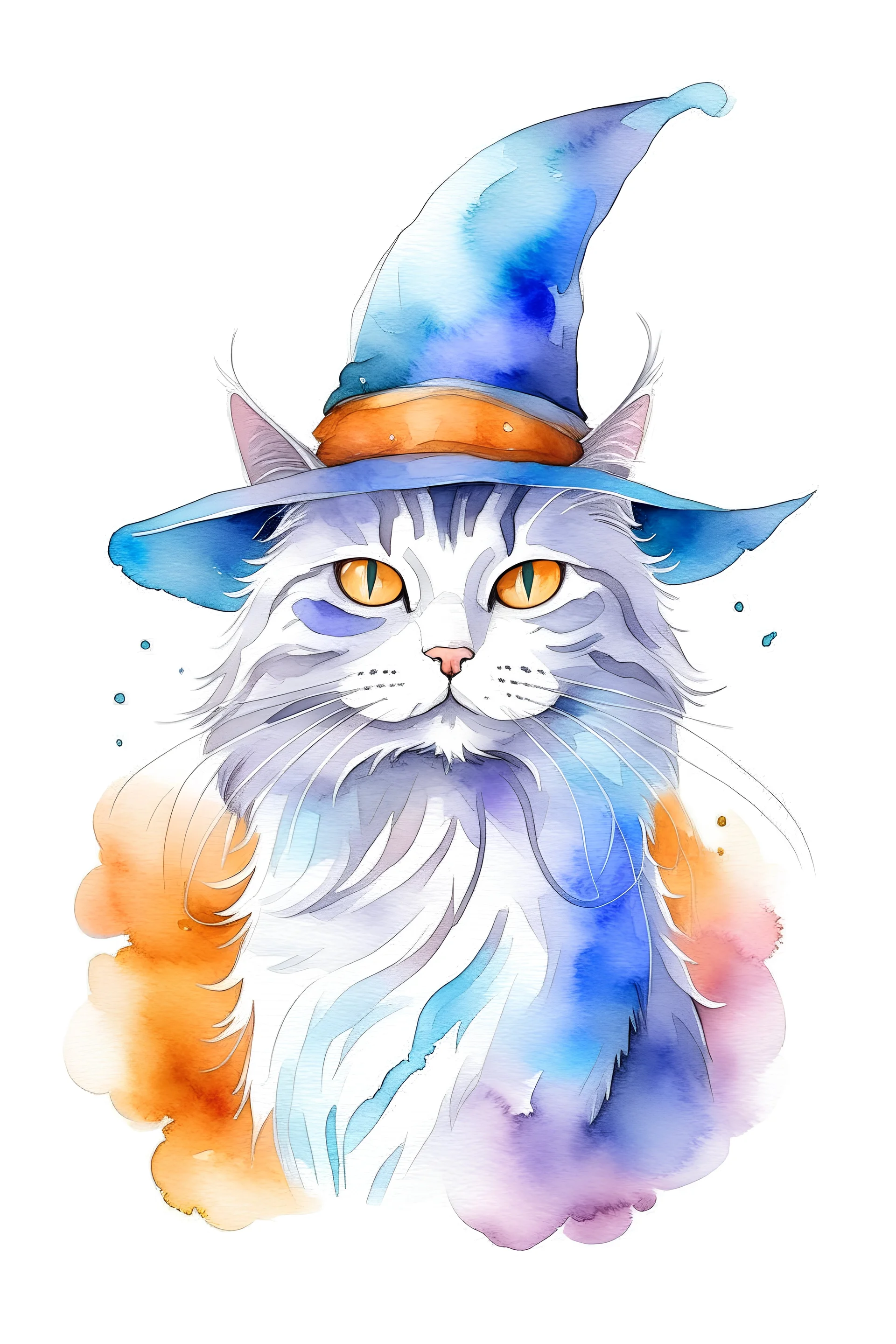 create a watercolor clipart image with a white background of 3D cat as a wizard