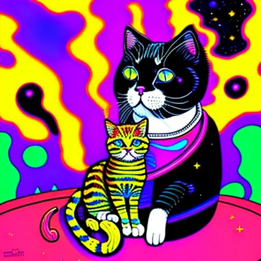 a black and white cat sitting on top of a table, cat in space, cosmic cataclysm, space cat, by Louis Wain, cosmic and colorful, amazing colorful background, a painting of a cat, petros afshar speedart, psychedelic art style, inspired by Louis Wain, kittens in outer space, painting of a cat, solid color background intricate