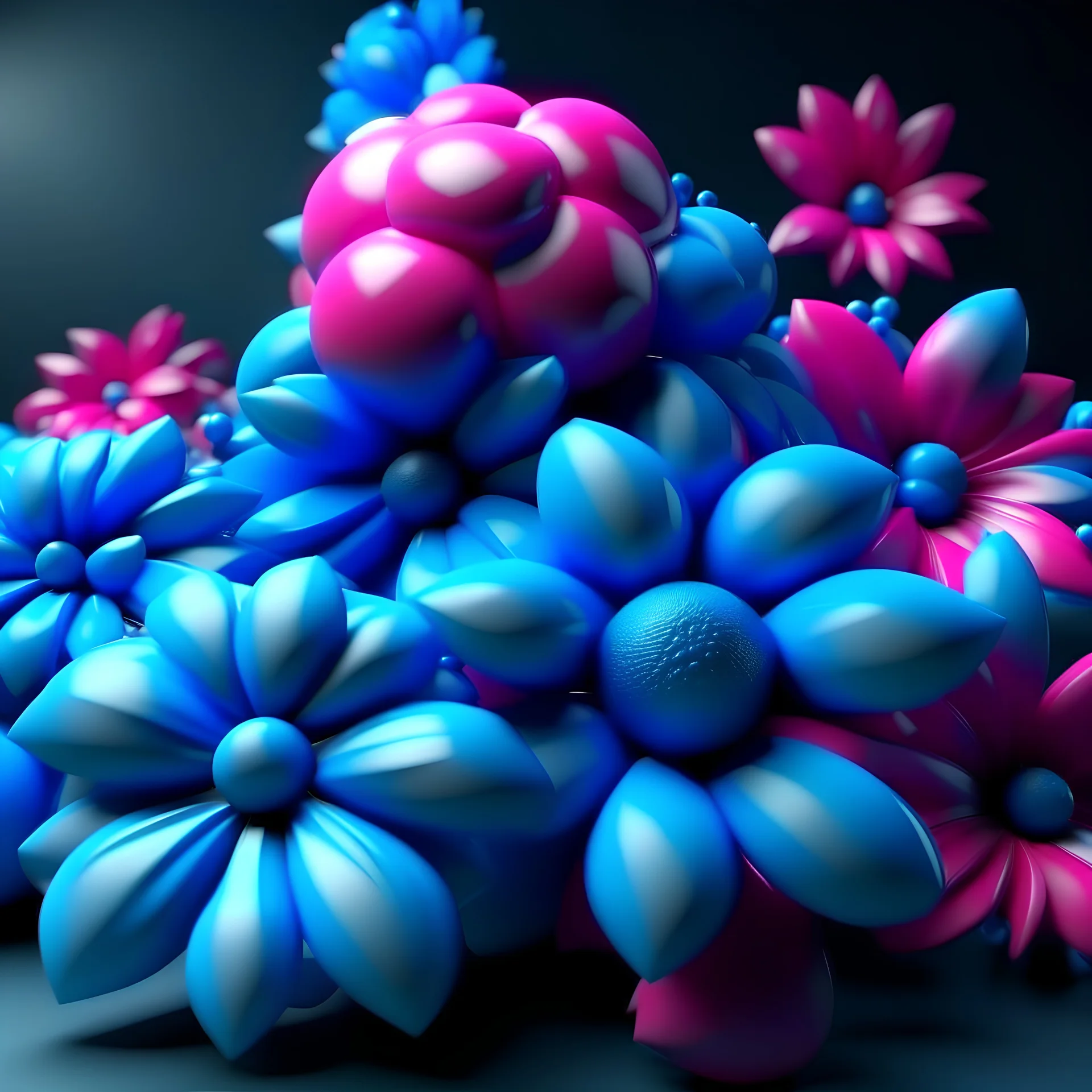 3d blue and pink Flowers daisies roses with pink and blue pearls and sinning stars, photo, 3d render, graffiti, vibrant