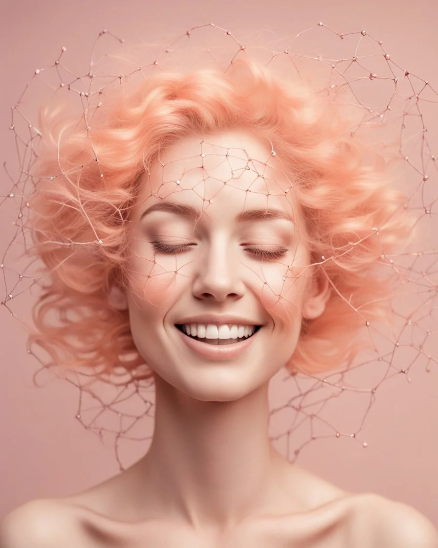 a woman smiling face, close eyes, pastel peach colors, neuron molecule hair thread imitation