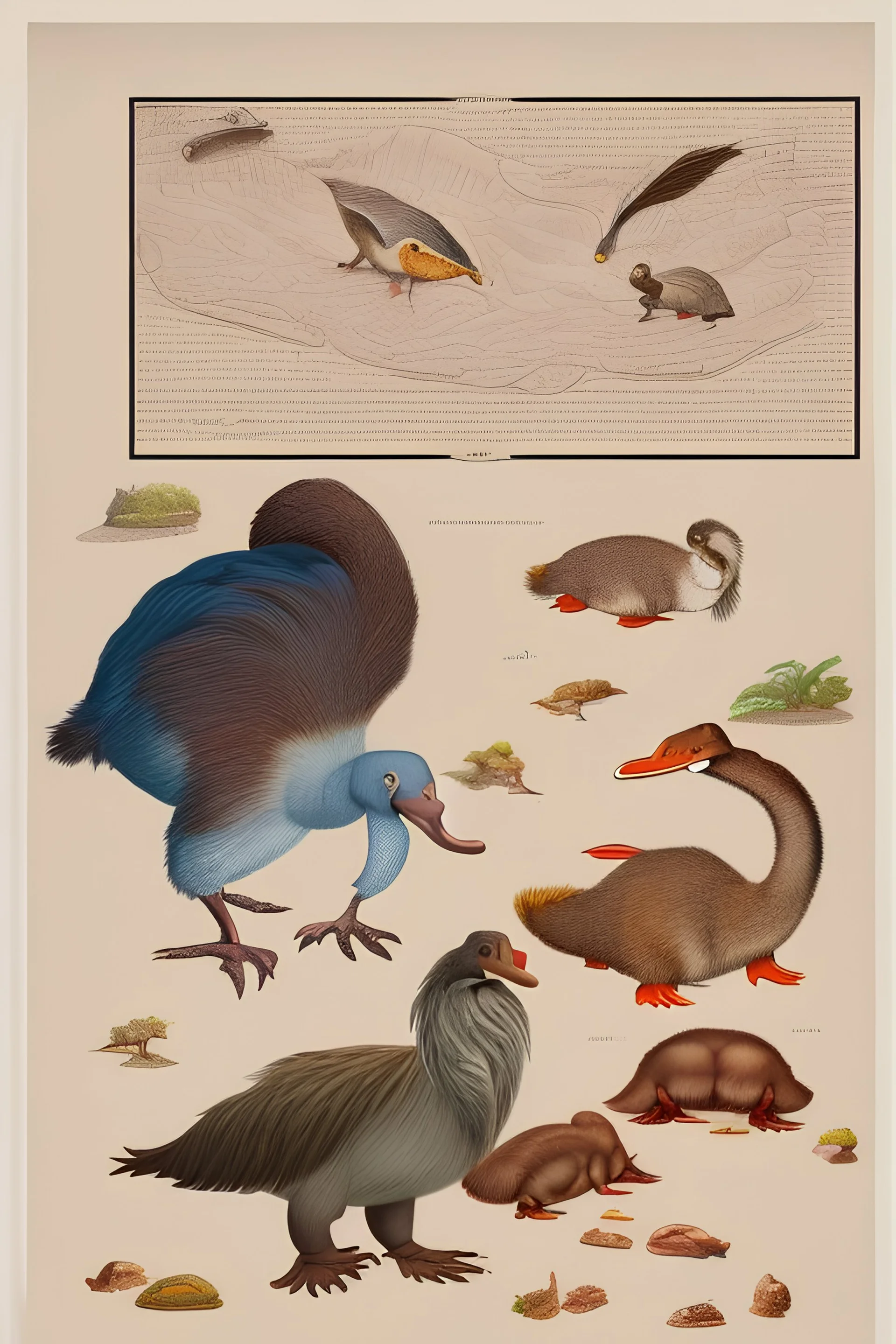 John James Audubon-like illustration of a fully uncropped Dodo bird and a Platypus in a landscape of warm yellows, warm reds, and warm blues