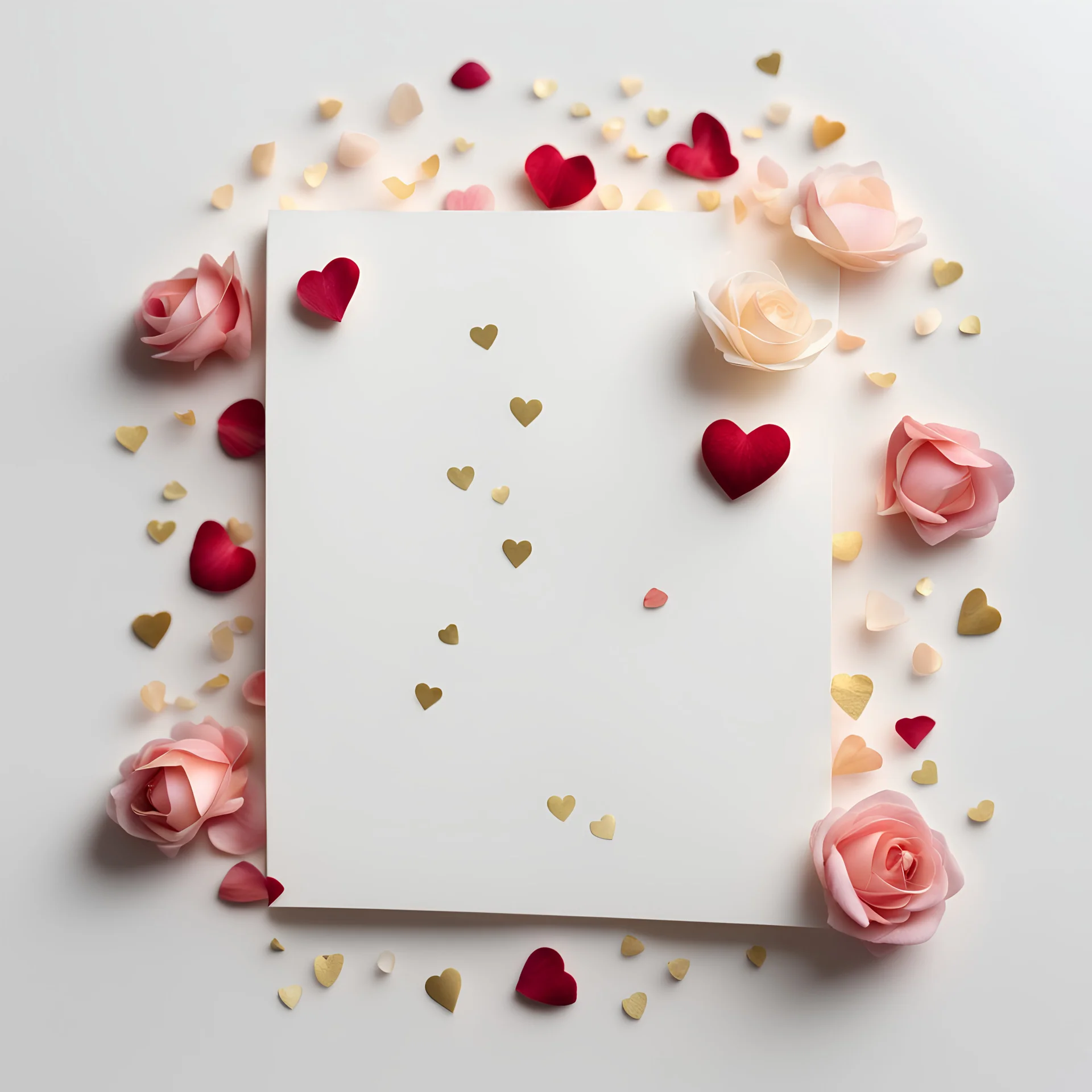 A photo of a white folded card, 5.5 by 4.25 inches. The card is vertically positioned on a beautiful white surface, positioned between rose petals and litte golden hearts.