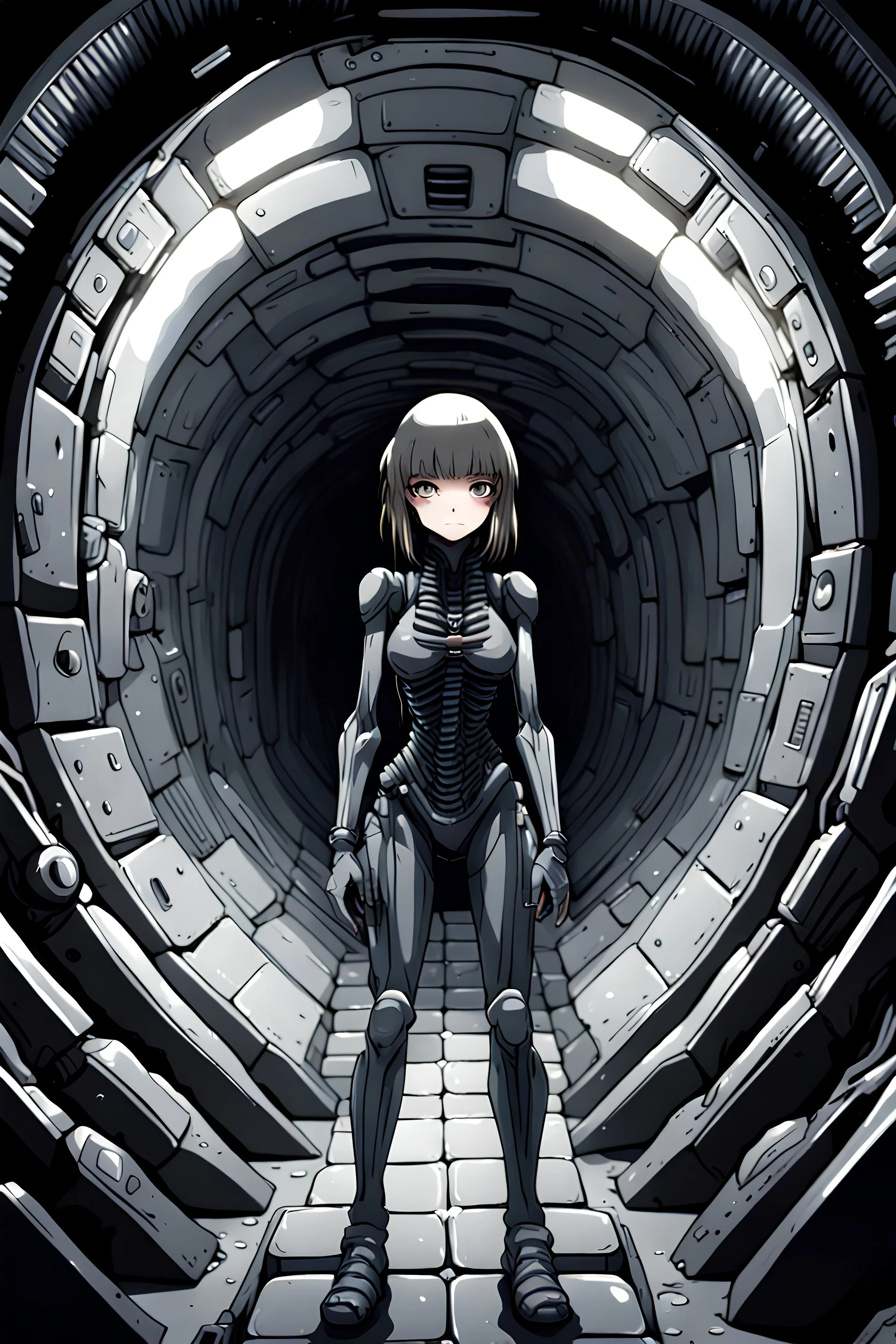 Anime girl crushed inside claustrophobic really in Biomechanoid xenomorphic tunnel.