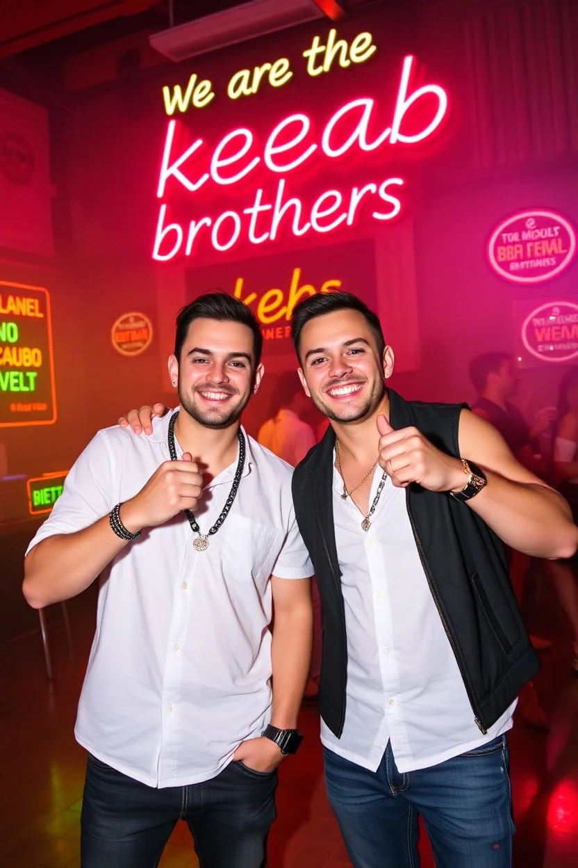 An "Identical twins" performing at dance club, theyre name is "Martin and Mercurius" Happy and celebrity look, , Neon lights and smog, "We are the kebab brothers" big sign on the wall