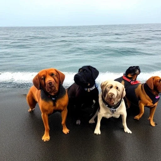 multiple Rottweillers wearing sunglasses on the beach with ocean in background waves crashing