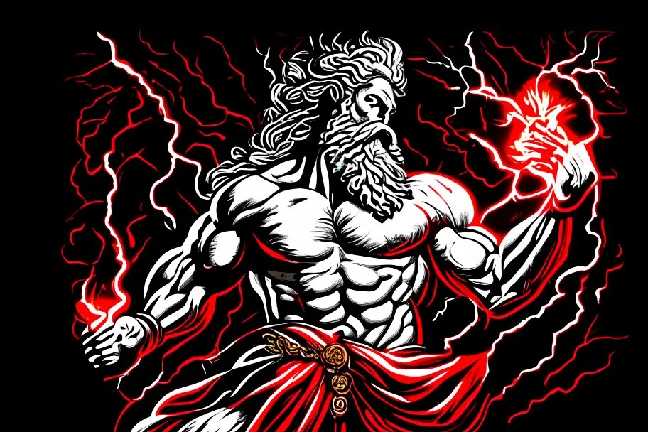 Detailed and realistic illustration of Greek god Zeus holding holding lightning. Black, white, red and gold colors. Engraving style illustration.