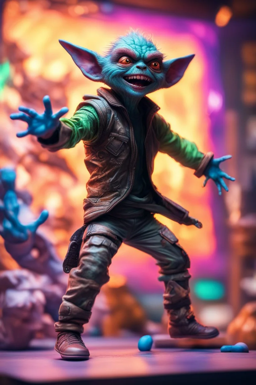 pen outline portrait of rad mad starlord gremlin smashing yoga master by neon wall , prize winning oil painting,bokeh like f/0.8, tilt-shift lens 8k, high detail, smooth render, down-light, unreal engine