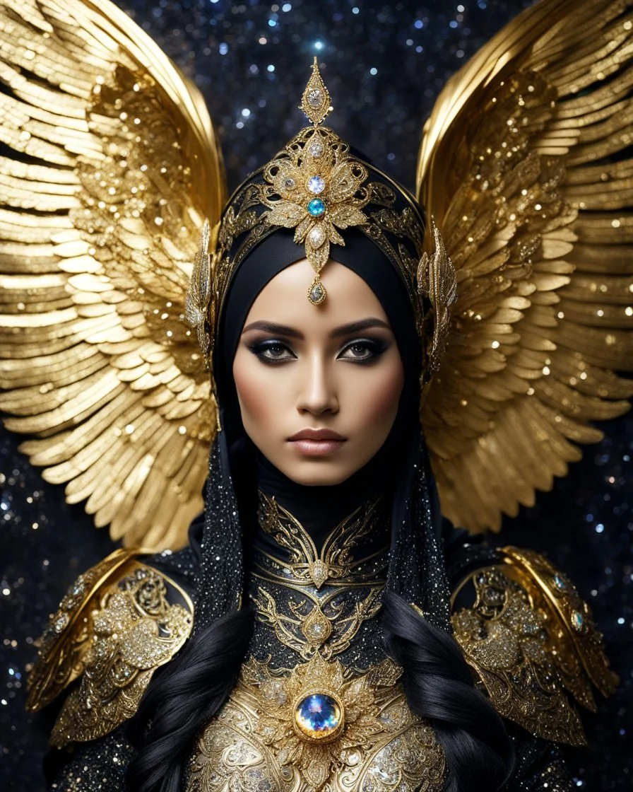 Photography A Length Super model Iranian Woman Hijab and half mask as Beautiful Archangel with wings made from metal craft,dressing luxurious golden and black color armor filigree fcombination fully crystals diamonds stone crystals,Cosmic Nebula Background