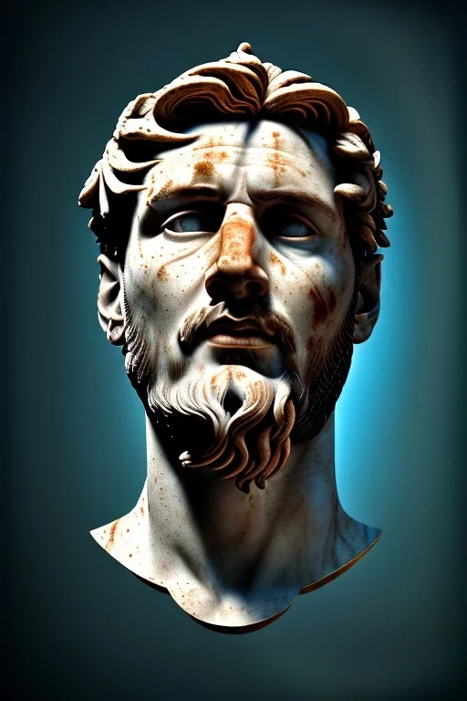 Ultra Realistic image, Roman sculpture, white marble material, Lionel Messi, gold Laurel leaves wreath, renaissance ornaments, one gold star in heart, sun ornament, blue marble background, chisel style, waist up portrait, emperor style, epic, celestial, cinematic lighting, God light, god rays, 4k resolution, smooth details, ornate details, soft lighting, unreal engine 5, art station, substance 3d.