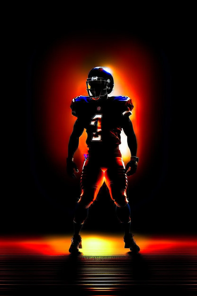 the menacing Silhouette of a football linebacker, the background on the left is red at the top and fading to black at the bottom, the background on the right is orange at the top and fading to dark navy blue at the bottom, background also has stadium lighting and the receding lines of a football field, NFL background