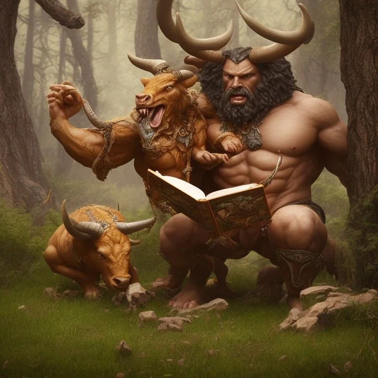 A legendary miniature with a big muscular body and a bull-shaped head with two fiery horns reading a book under a tree by the lake, realistic 3D, magical painting, full and detailed painting components, Hollywood quality, 4K 8 K