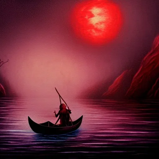 Charon in his boat on the river Styx, red black purple colours, 8k, high definition, fantasy art