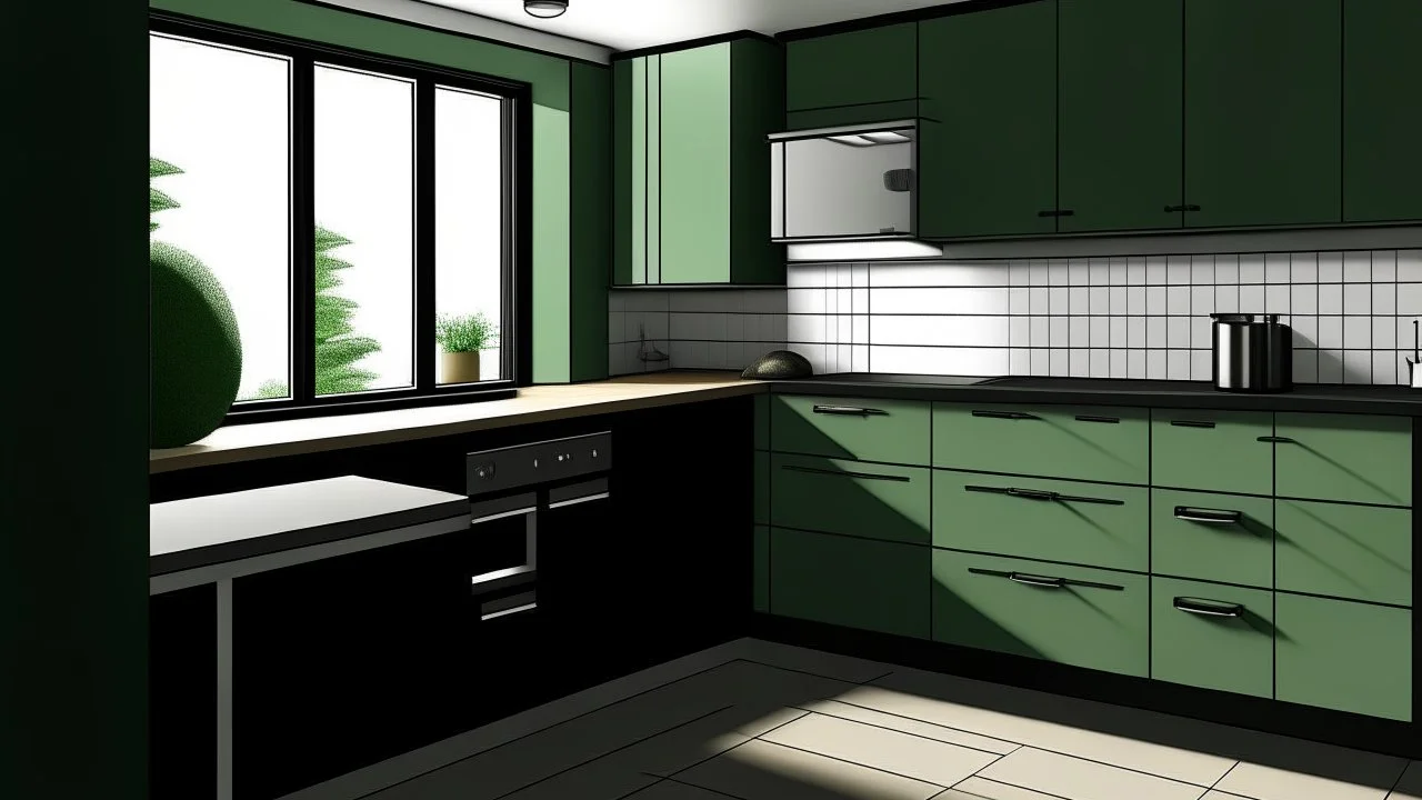 kitchen with celadon and dark green furniture, on the left side by the window from the bottom up, a microwave and an oven installed in the furniture, and on the right side and next to it an induction hob and a cooker hood above it, on the right side there is a sink and a dishwasher underneath it