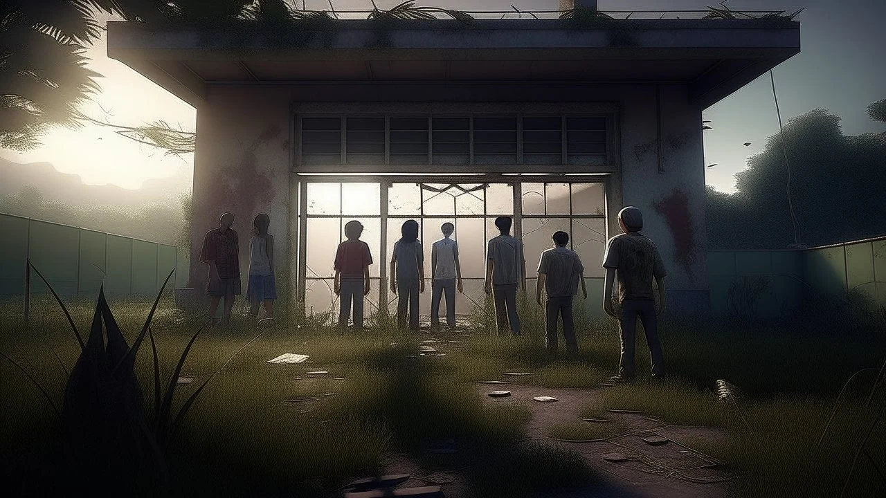 An image that summarizes the story of “The Abandoned Laboratory” shows a group of friends standing in front of the entrance to an abandoned scientific laboratory. Light filters through the broken windows and illuminates the front yard covered with wild grasses. Tranquility and silence are evident around the building, enhancing the mystery surrounding the place. The friends are gathered and ready to explore the mystery and dangers inside the laboratory. They hold flashlights and look at the main