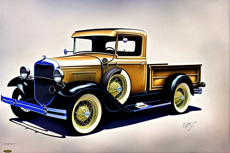 a true-to-life 1930 ford model a pickup, classic wheels, centered, intricate, extreme detailed, photorealism, center view, suburb background, pivot on ford, pen and color marker, painting by cheryl kelley