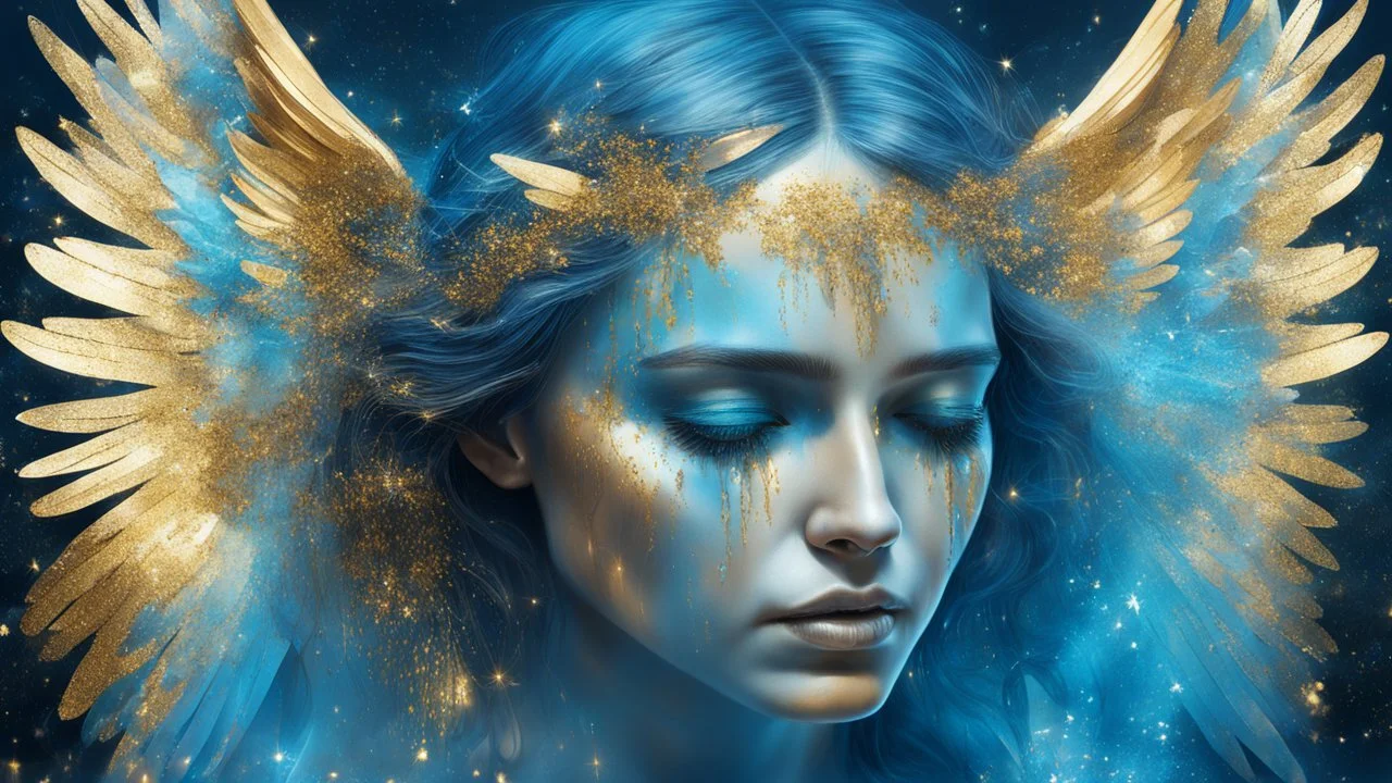 beautiful crying woman angel, double exposure in fantasy style, blue, gold, sparkles, fine rendering, bright colors, photorealism, 3D, with acrylic elements