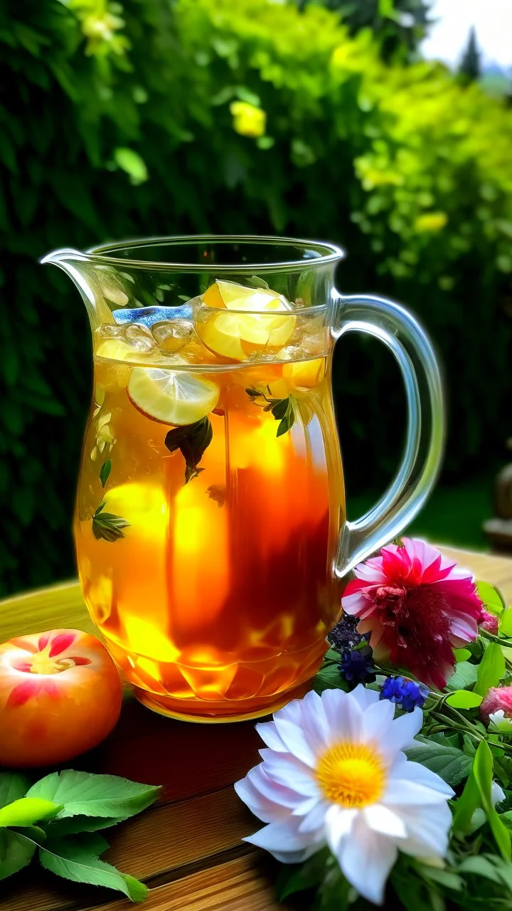 A tall pitcher of iced tea, with slices of lemon and peach floating inside, surrounded by a lush garden of blooming flowers.