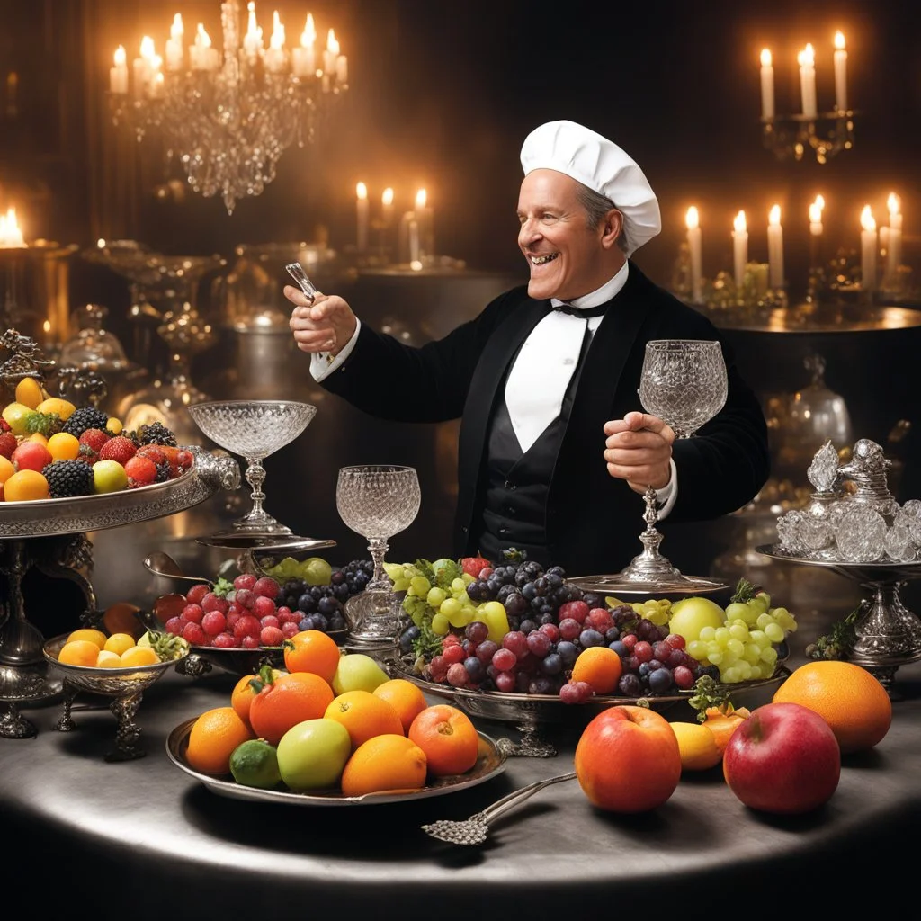 Mounds of colorful fruits spill over silver platters, carved roasts steaming enticingly atop pewter chargers. Wine flows from crystal decanters into etched goblets without any visible hand. And seated at the head of the table is a stout, jovial-looking man in a flowing chef's coat, tasting spoon in hand. "Ah, another chef!"