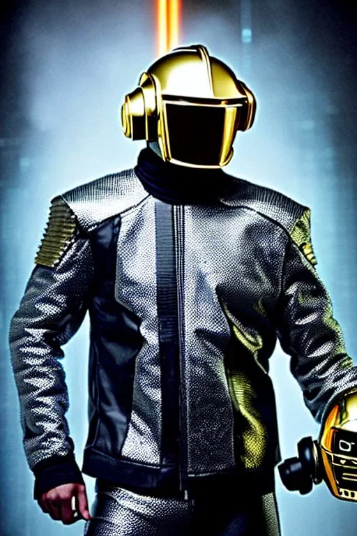 Metallic Cyber-punk man with camera-mask, old AKG-style headphones, golden rings. Fencing mask covers cheeks. Good body shape, Karate. Body and head full of integrated. old-fashioned cameras. Ancient silver telephone attached to perfect body, trunk. 5th dimensional Escher tiling background. Daft Punk, Tron Movie. Matrix movie, black leather jacket, tippet. Black latex areas in leather surfaces body. 1990's. Ancient AKG-microphone as mouth. Closely packed holes. Minimalistic fashion haute coutur