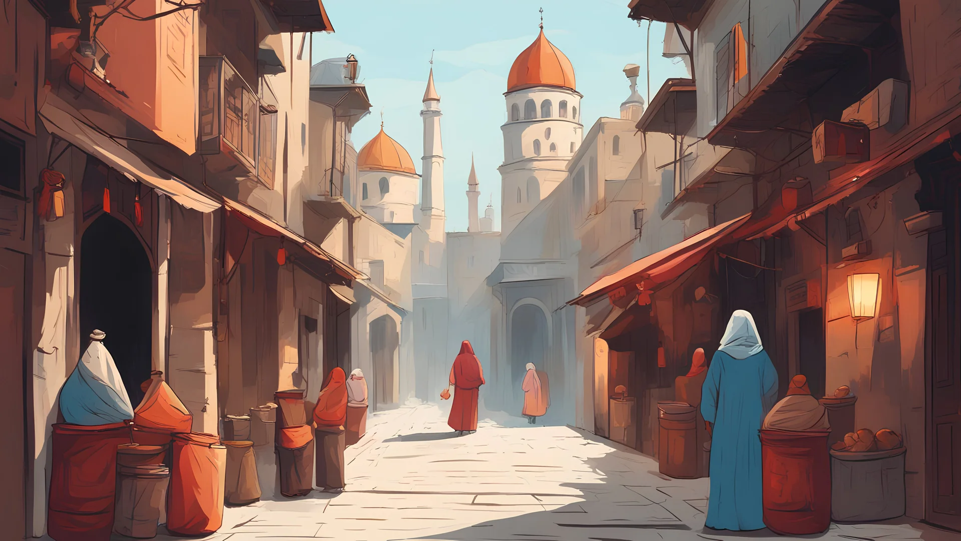 Vector. Illustration. Alley and bazaar of Istanbul. Minimal. Woman's , children's. 2D animated. 1800 AD. Digital painting, Old