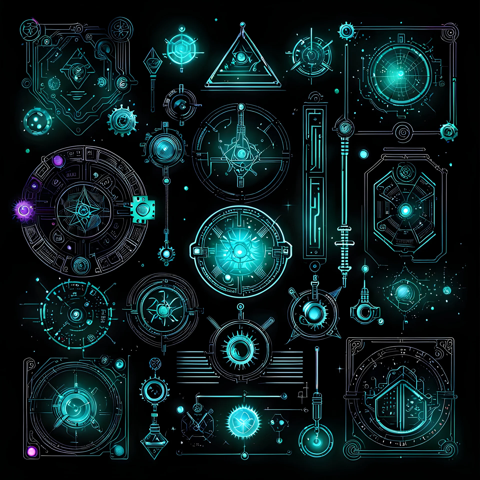 alchemical components, cyberpunk style, black background