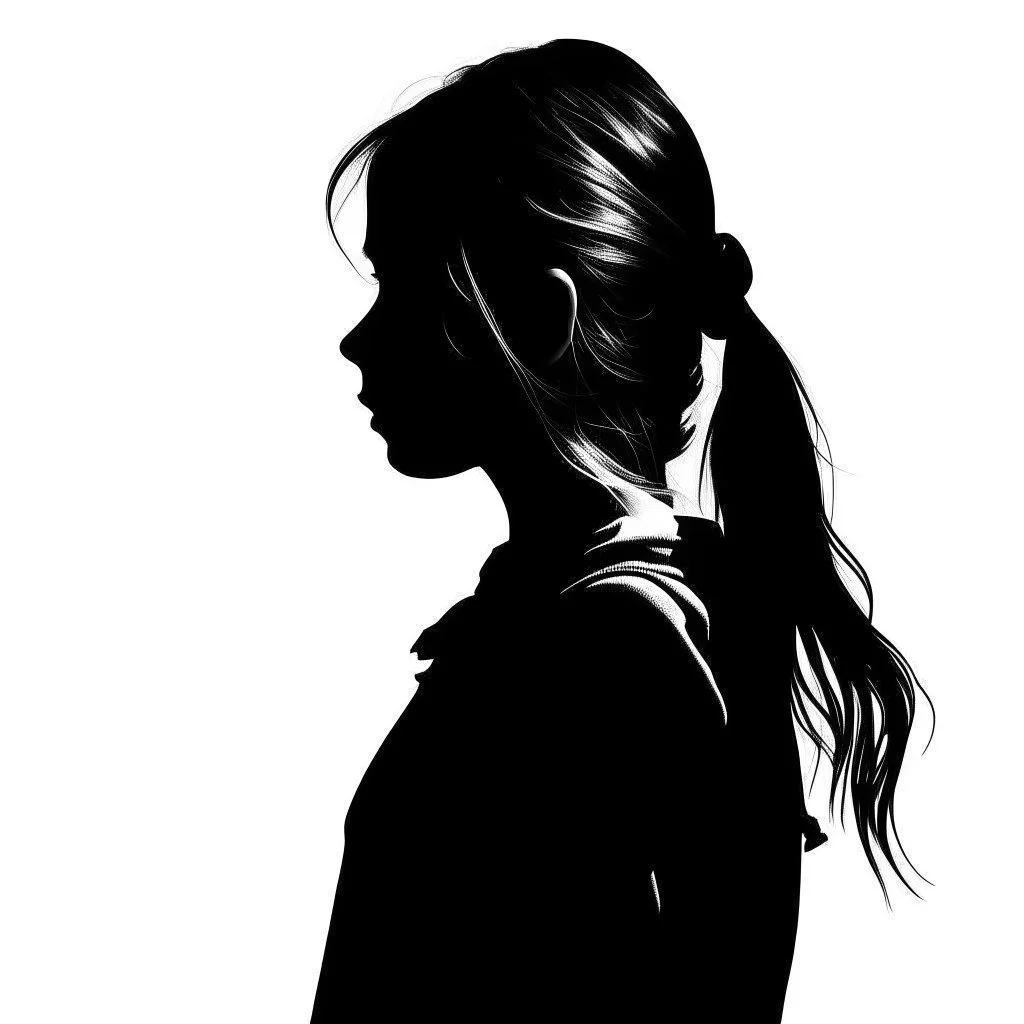 B/W A silhouette of girl between the age of 21-24 afraid white background