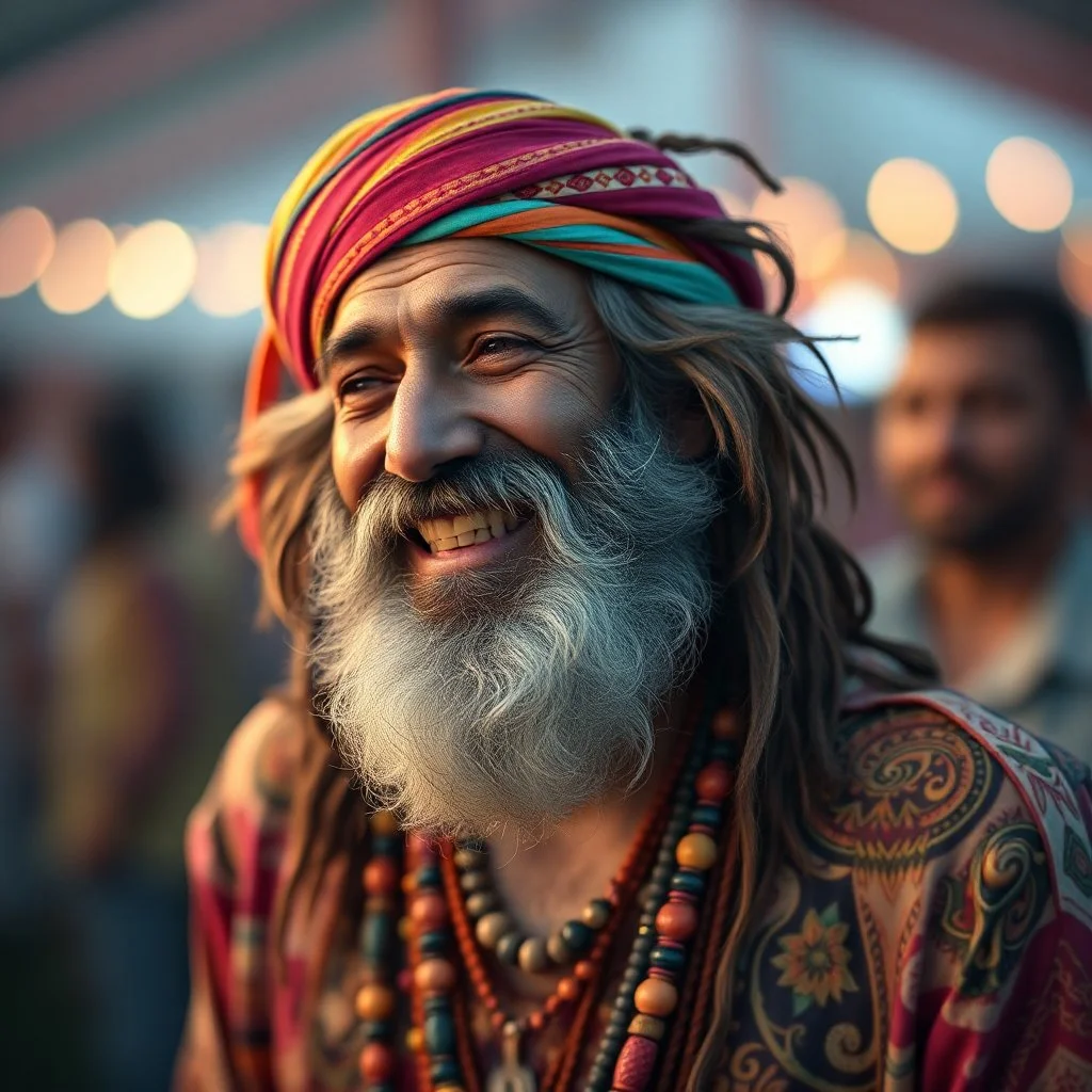 saddam husain as hippie having fun in a festival in the 60s, goa psy ambient in the style of vangelis and fsol, source vibrations, bokeh like f/0.8, tilt-shift lens 8k, high detail, smooth render, down-light, unreal engine, prize winning