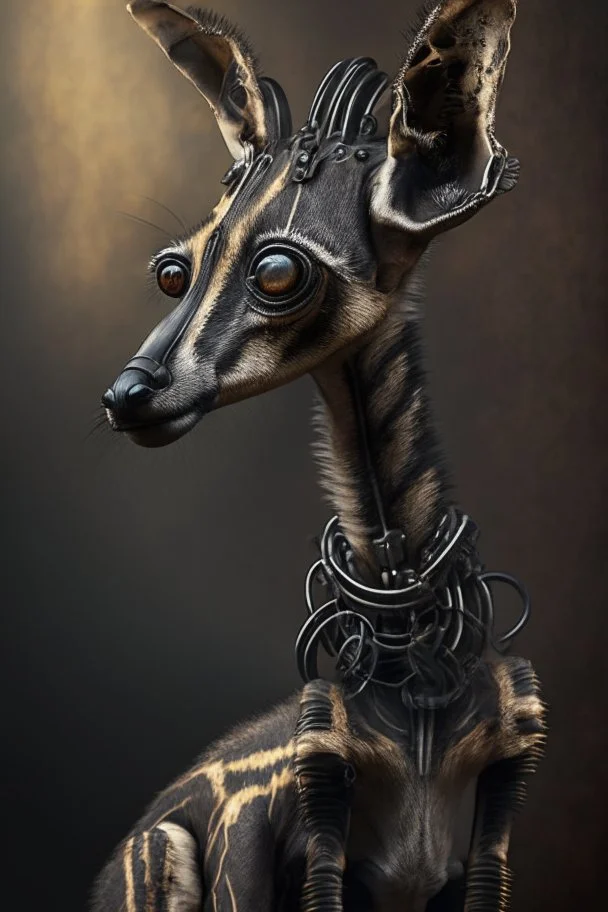 okapi lamb meerkat,hyperrealism, masterpiece, expert, 8K, dramatic lighting, sharp focus, dark, black, steampunk