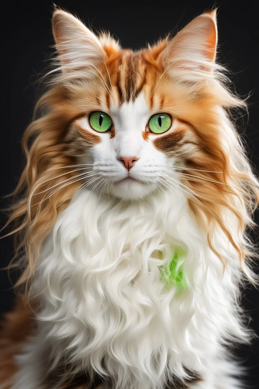 Cat with long, wavy and abundant hair, pointed ears, bright green eyes, orange, white and black colors, ultra quality, full body