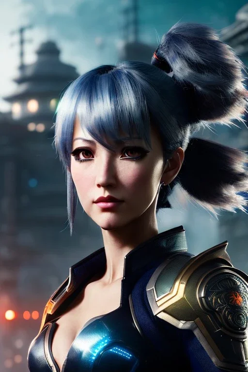 Middle age female anime warrior, orange eyes, gray hair with dark blue hair, ponytail hairstyle, waist up portrait,4k resolution, intricate details, ornate details, soft lighting, vibrant colors, retroanime, masterpiece, intricate eyeliner, dark eyeshadow, futuristic cityscape background