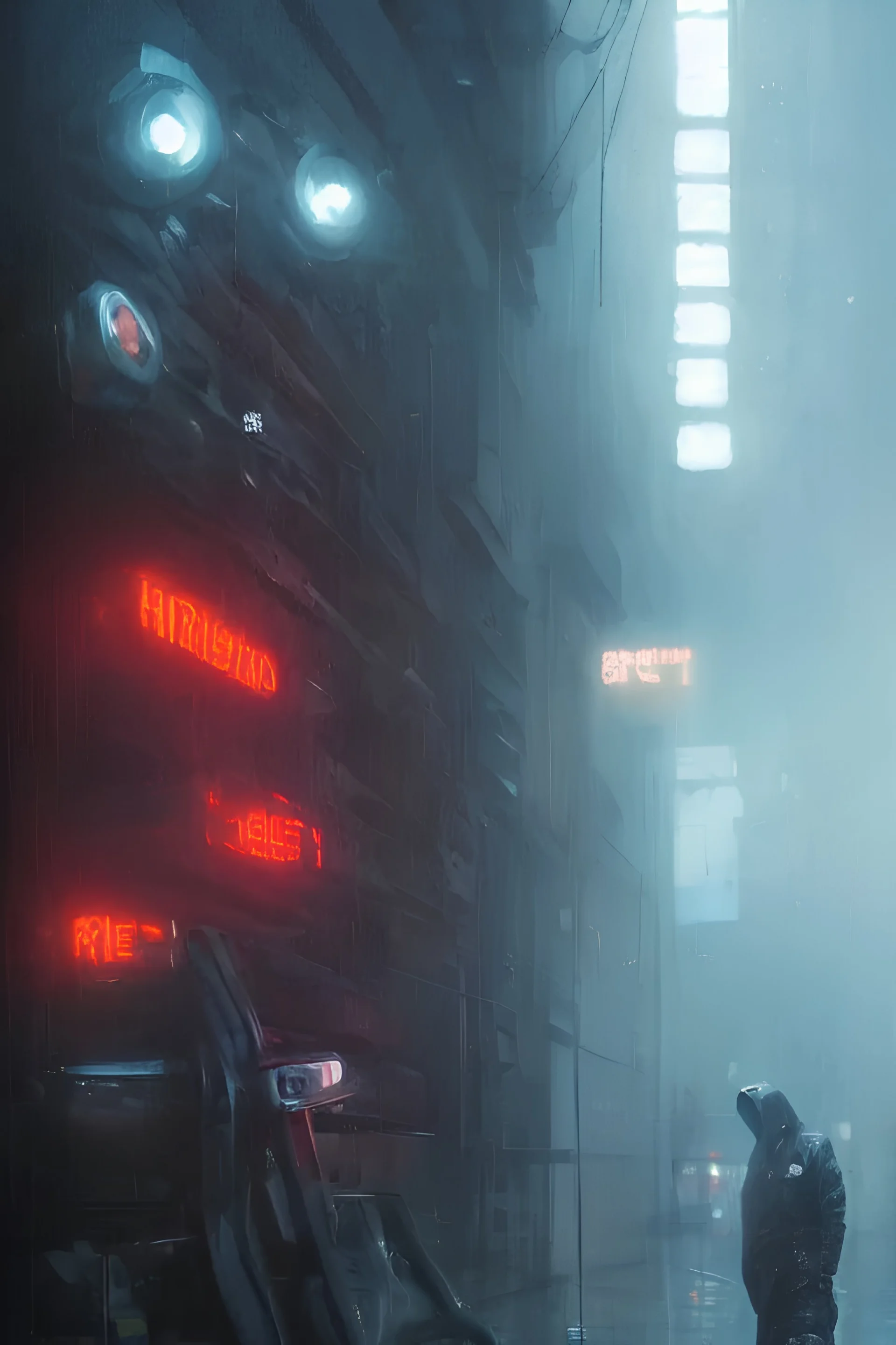 hyper realistic oil painting of an aggressive futuristic bounty hunter, close up, surrounded by neon, cyberpunk, black trench, black hoodie, masked face, fog, volumetric lighting, rain, puddles, creepy, by greg rutkowski