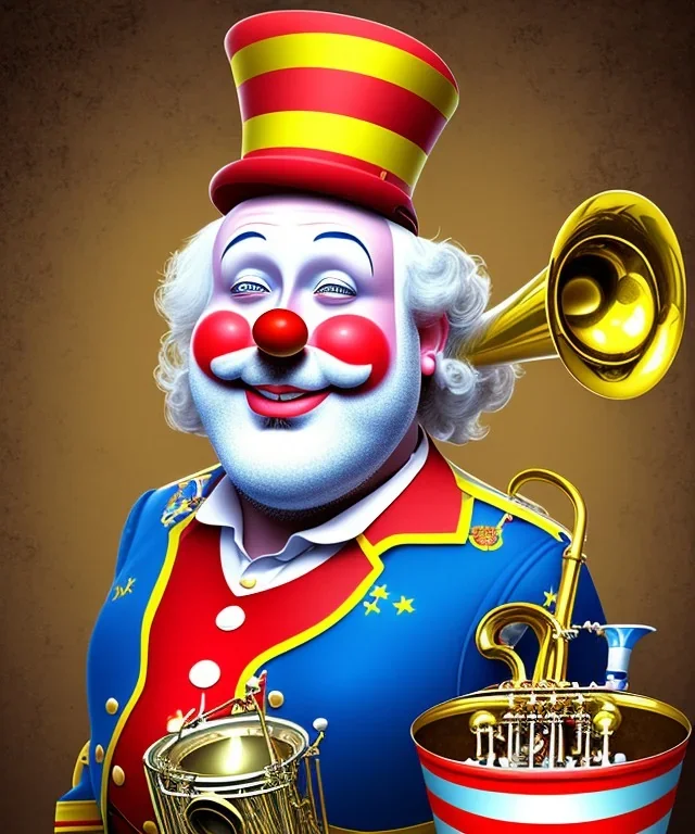 happy old friendly fat clown with round head and trimmed beard playing jazz with a steampunk theme, trumpet, circus, realistic