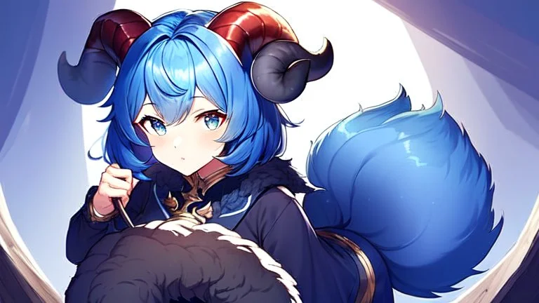 Girl, blue hair, goat horns, goat tail, clearing