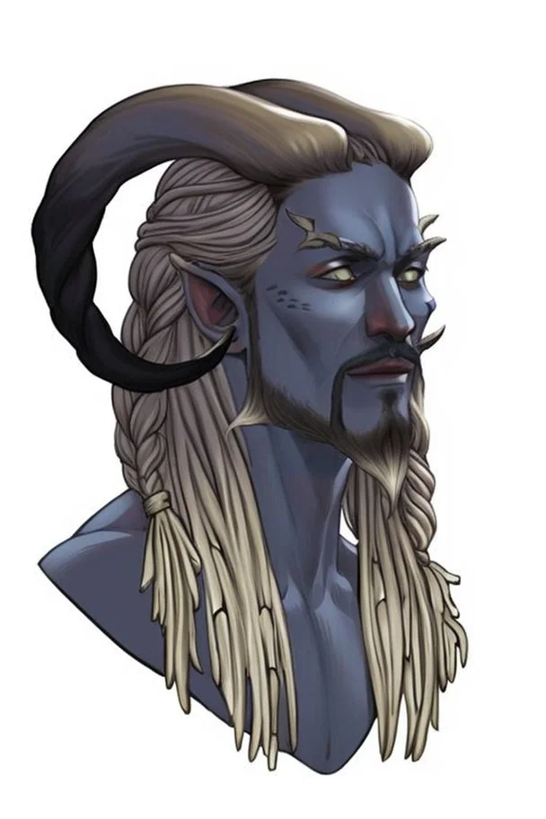 A tieffelin with blue skin and white Dreadlock hair. His pupil-less eyes are green. He wears a small beard. His horns are black and curved backwards. He wears a beige tunic.