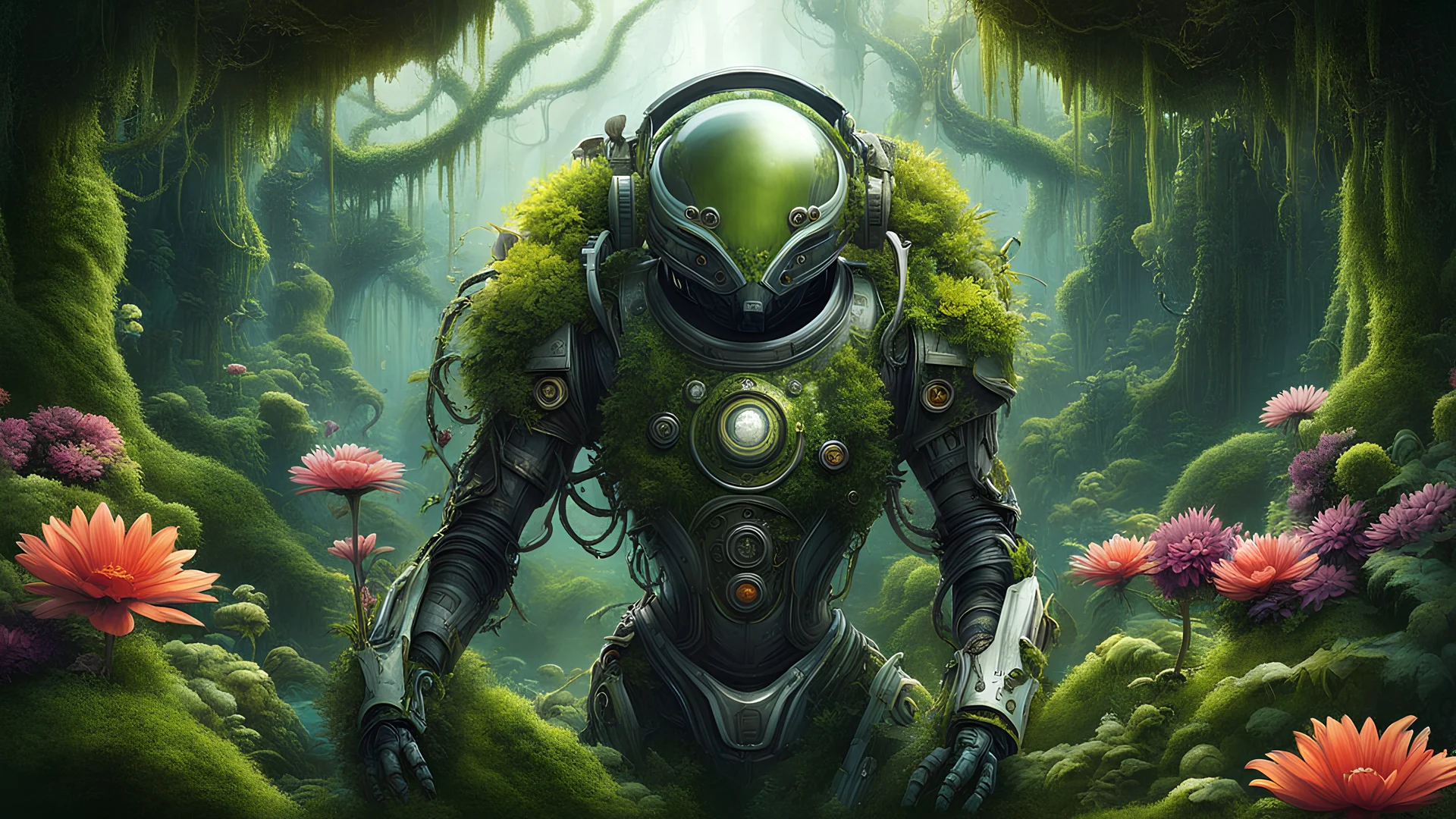 illustration-style picture of a biomechanical entity. The entity is a fusion of technology and nature, with a helmet that resembles a diving suit, its surface covered in verdant moss, handing a flower to viewer, twisting vines, and bright, exotic flowers. Its arms are heavy and robotic, adorned with peaceful symbols and patterns. The backdrop is an enchanted swamp, filled with a mystical fog, gnarly trees, and a spectrum of swamp flora. Fireflies dot the air with their luminescent glow.