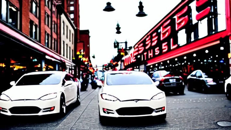 A Tesla's 'Model S Plaid' is racing at top speed, across the 'Pike Place Market', in Seattle. CINEMATIC. WIDE ANGLE LENS. PHOTO REAL.