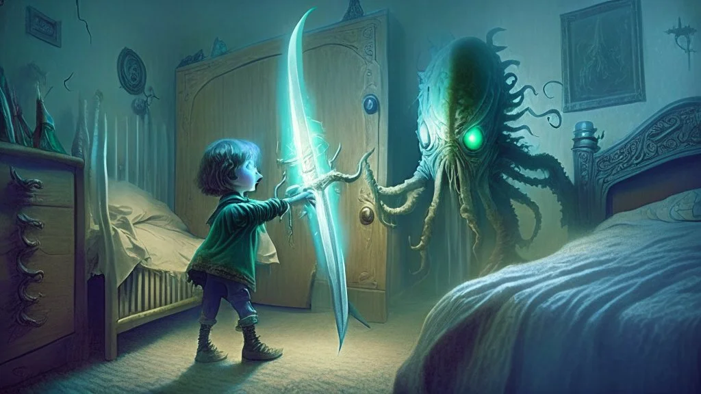 child slains a lovecraftian alien overlord with a magical sword that emerged from the child's bedroom closet